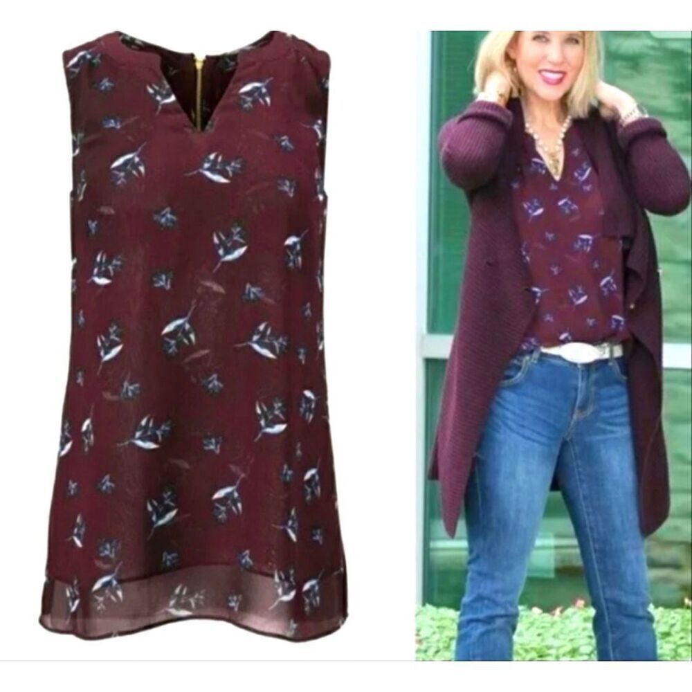 Cabi XS sleeveless top shirt women’s burgundy brown blue floral